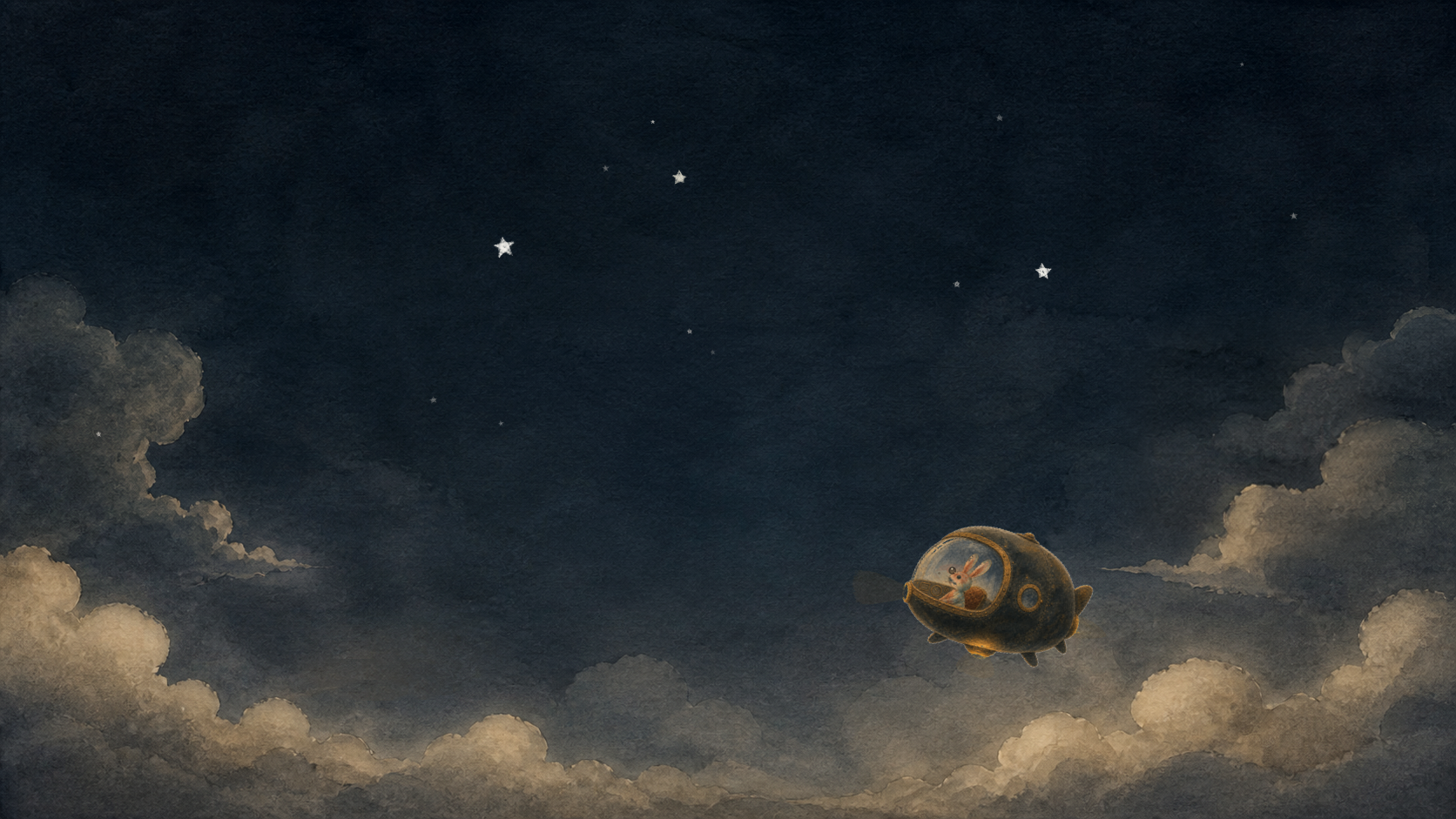 A rabbit pilot crossing a deep watercolor night sky in a tiny airship
